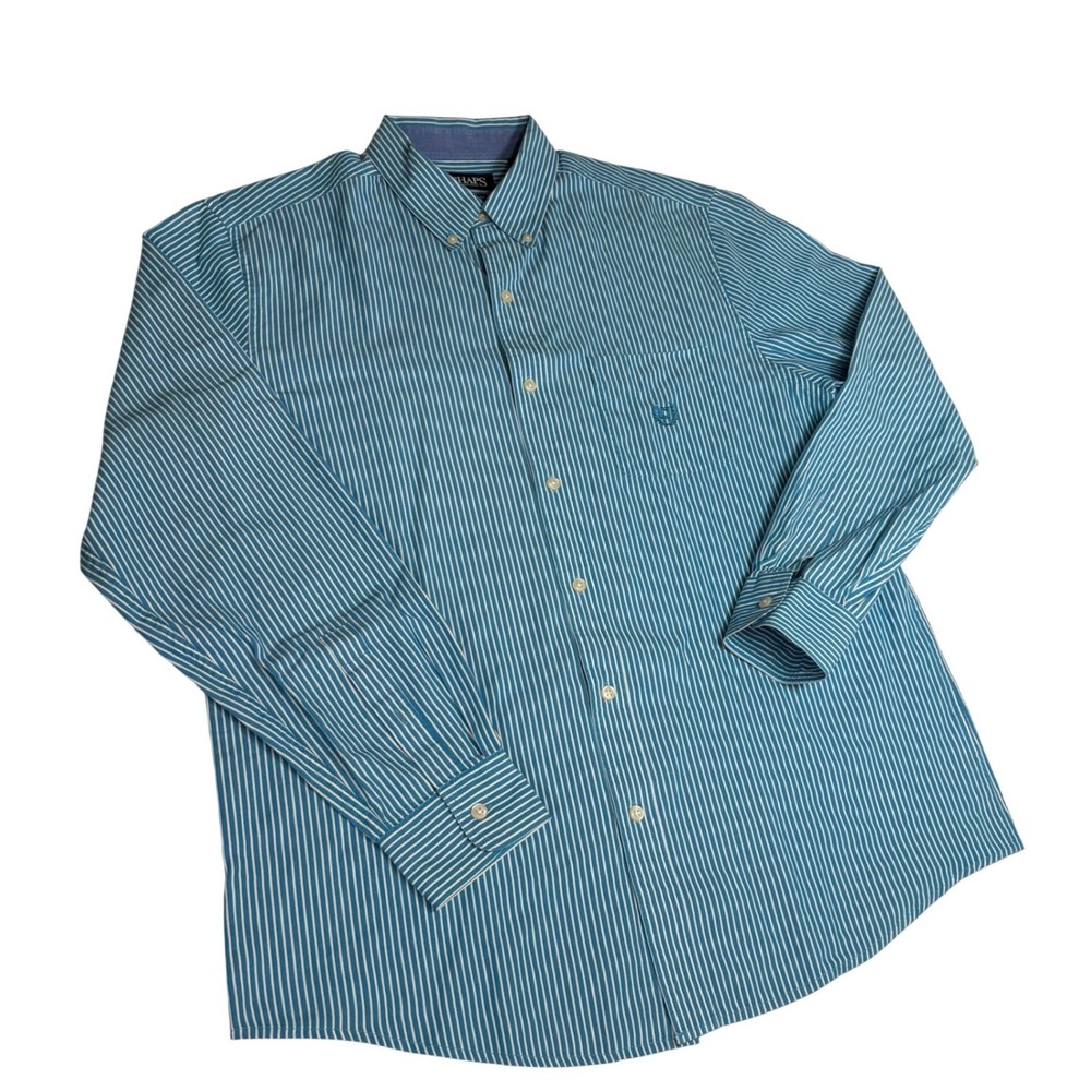 Chaps Men's L Blue White‎ Striped Easy Care  Button Down Shirt RN 41381